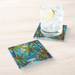 Tropical island at night Stained glass art Coaster