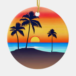 Tropical Island at Sunset with Palm Trees Ceramic Tree Decoration