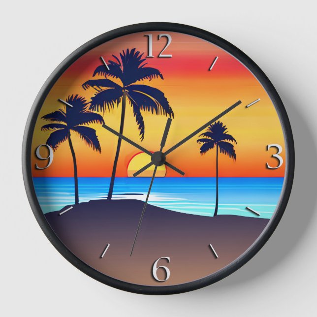 Tropical Island at Sunset with Palm Trees Clock (Front)