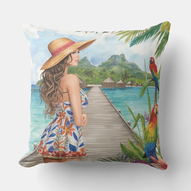 Tropical Island   Beach and Lovely Women Cushion (Front)