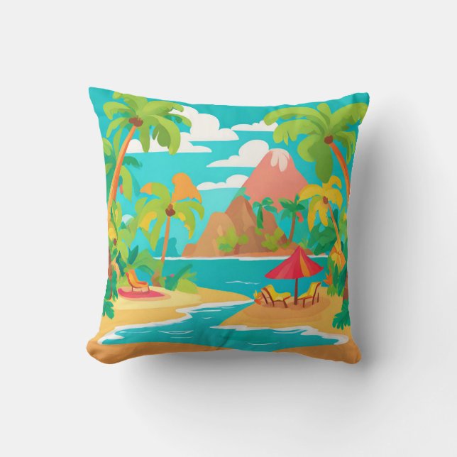 Tropical island beach and palm trees Throw Pillow (Front)