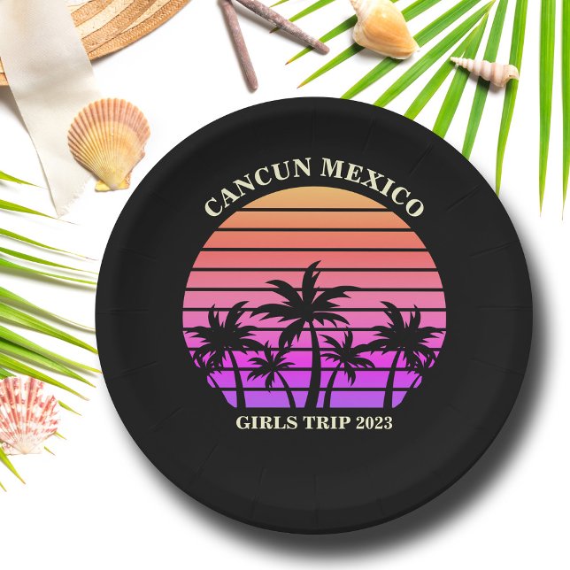 Tropical Island Beach Palm Tree Pink Black Party Paper Plate (Creator Uploaded)