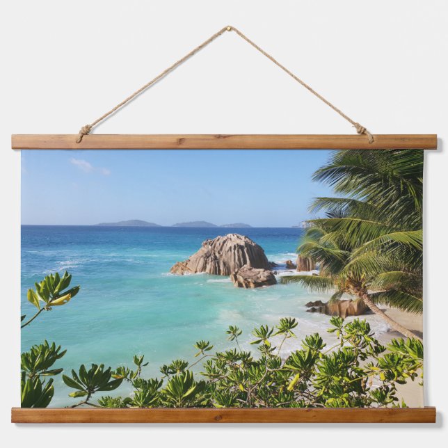 Tropical Island Beach Rocks Palm Trees Hanging Tapestry (Front)