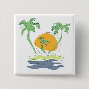 Tropical island beach scenery. Outline palm tree  15 Cm Square Badge