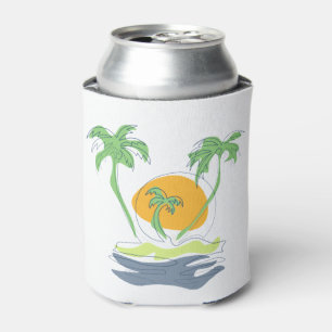 Tropical island beach scenery. Outline palm tree Can Cooler