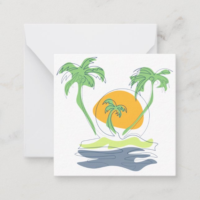 Tropical island beach scenery. Outline palm tree Card (Front)