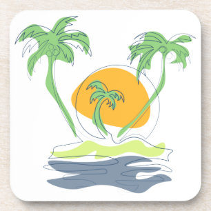Tropical island beach scenery. Outline palm tree  Coaster