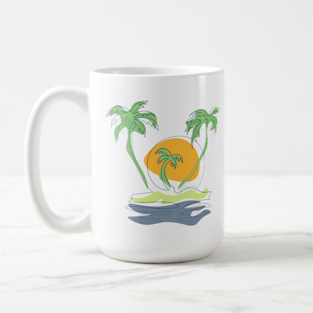 Tropical island beach scenery. Outline palm tree  Coffee Mug (Left)