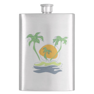 Tropical island beach scenery. Outline palm tree Hip Flask