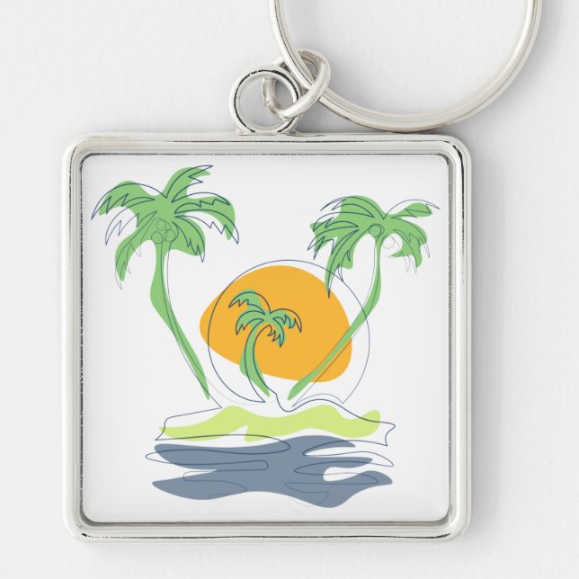 Tropical island beach scenery. Outline palm tree  Key Ring (Front)