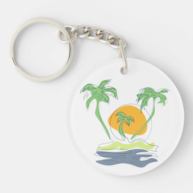 Tropical island beach scenery. Outline palm tree Key Ring (Front)