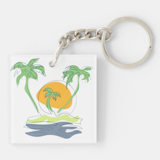 Tropical island beach scenery. Outline palm tree  Key Ring (Back)