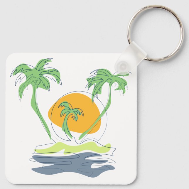 Tropical island beach scenery. Outline palm tree Key Ring (Back)