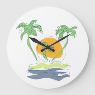 Tropical island beach scenery. Outline palm tree  Large Clock