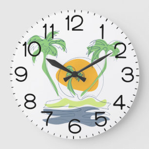 Tropical island beach scenery. Outline palm tree Large Clock