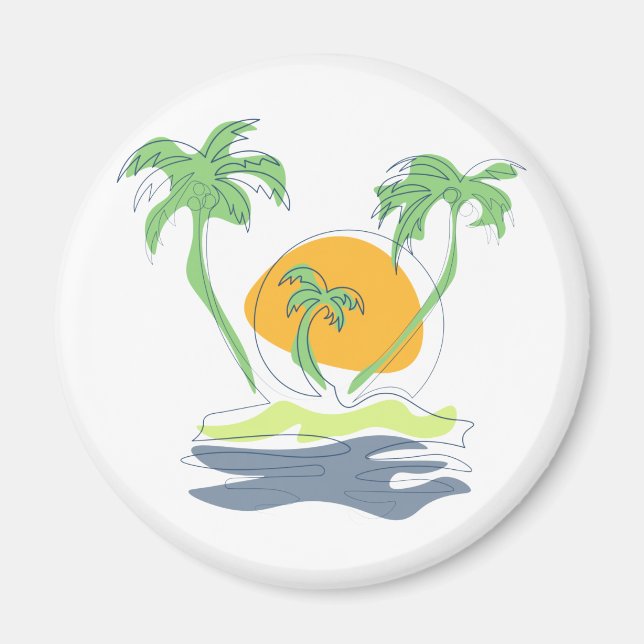Tropical island beach scenery. Outline palm tree Magnet (Front)