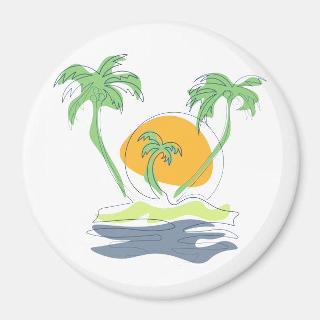 Tropical island beach scenery. Outline palm tree Magnet (Front)