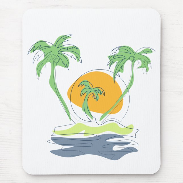 Tropical island beach scenery. Outline palm tree  Mouse Pad (Front)