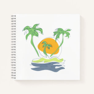 Tropical island beach scenery. Outline palm tree Notebook