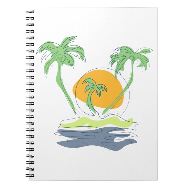 Tropical island beach scenery. Outline palm tree  Notebook (Front)