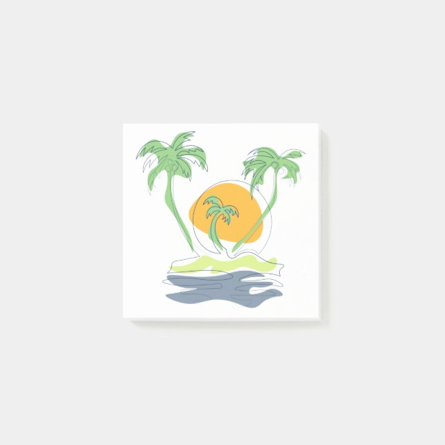 Tropical island beach scenery. Outline palm tree  Post-it Notes (Front)