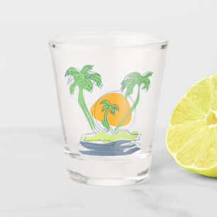 Tropical island beach scenery. Outline palm tree Shot Glass