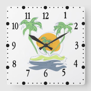 Tropical island beach scenery. Outline palm tree Square Wall Clock