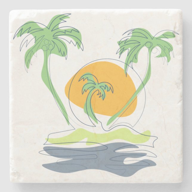 Tropical island beach scenery. Outline palm tree  Stone Coaster (Front)