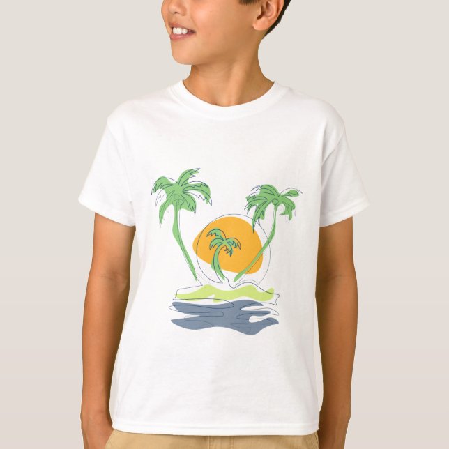 Tropical island beach scenery. Outline palm tree  T-Shirt (Front)