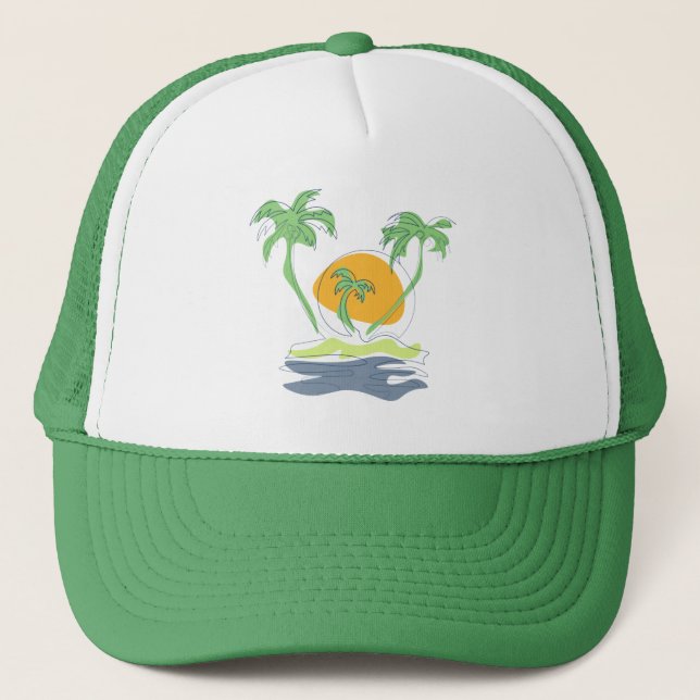 Tropical island beach scenery. Outline palm tree  Trucker Hat (Front)
