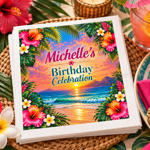 Tropical Island Beach Sunset Birthday Napkin
