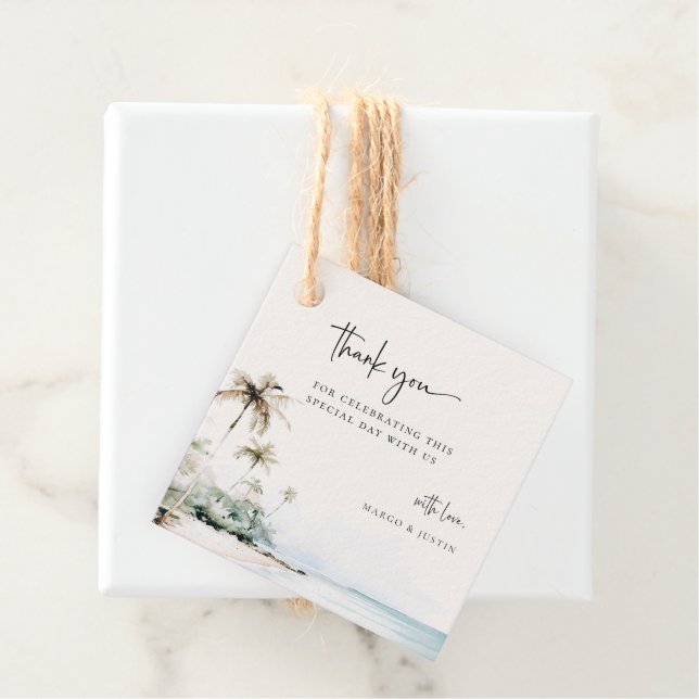 Tropical Island Beach Wedding Favour Tags (In Situ)