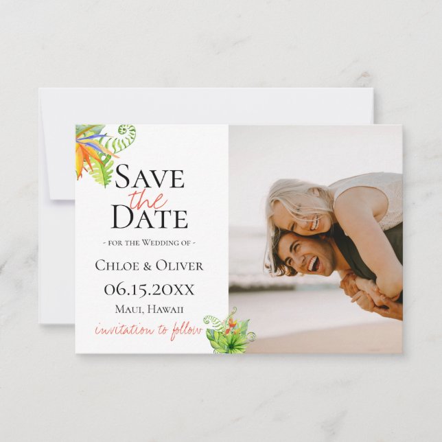 Tropical Island Botanical Photo Save The Date Announcement (Front)