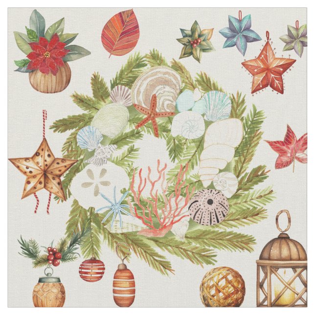 Tropical Island Coastal Christmas Fabric (Close Up)