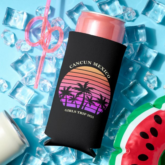 Tropical Island Custom Beach Palm Tree Girls Trip Seltzer Can Cooler (In Situ Summer)