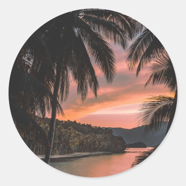 Tropical Island Evening Palm Tree Sunset Classic Round Sticker (Front)