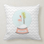 Tropical Island Flamingo Snow Globe Pillow<br><div class="desc">A winter / Christmas pillow featuring an illustration of a pink flamingo inside a snowglobe.  Flamingo is wearing a red striped scarf and hat while perched on a snow covered island with two palm trees.  Pink base says,  "WARM WISHES."  Background is grey chevron pattern.</div>