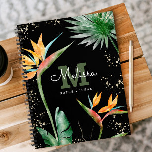 Tropical Island Floral Black Gold Monogram Script  Notebook
