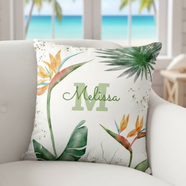 Tropical Island Floral Monogram Gold White Script  Cushion (Creator Uploaded)