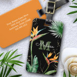 Tropical Island Floral Monogram Script Gold Black Luggage Tag<br><div class="desc">Bring a bit of elegant tropical hospitality with you wherever you travel, when you use this chic, modern luggage tag. Stunning, sophisticated, colourful, tropical watercolor birds of paradise flowers, faux gold glitter, and personalised calligraphy script with a bold monogram initial, overlay a dramatic black background. Personalise with your name and...</div>