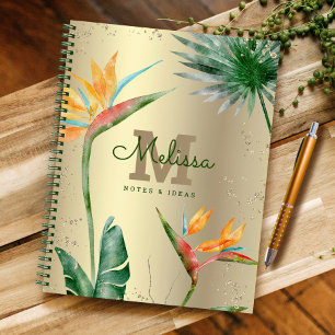 Tropical Island Floral Monogram Script Gold Foil  Notebook