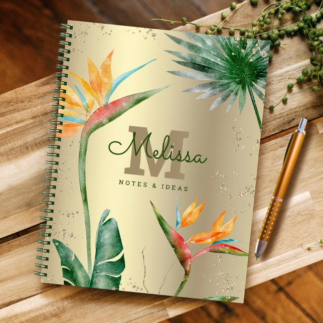 Tropical Island Floral Monogram Script Gold Foil  Notebook (Creator Uploaded)
