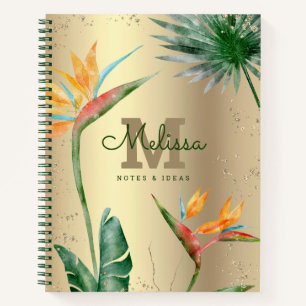 Tropical Island Floral Monogram Script Gold Foil  Notebook