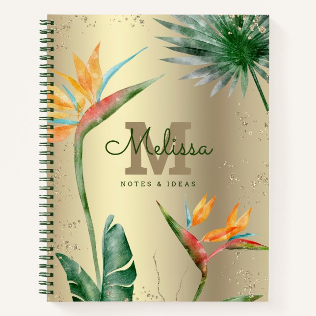Tropical Island Floral Monogram Script Gold Foil  Notebook (Front)