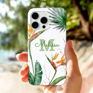 Tropical Island Floral Monogram Script Gold White iPhone 15 Pro Max Case