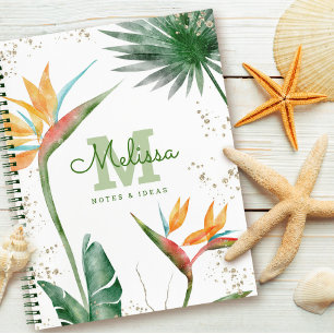 Tropical Island Floral Monogram Script Gold White Notebook