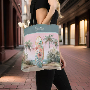 Tropical Island Flower Surfboard Palm Tree w Name Tote Bag