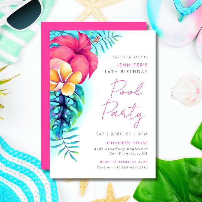 Tropical Island Flowers Pool Party Birthday  Invitation (Creator Uploaded)