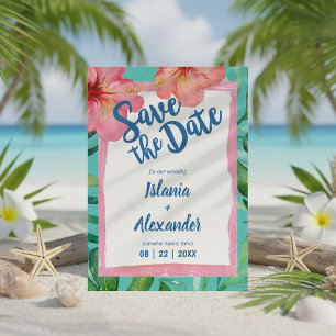 Tropical Island Hibiscus Palm Wedding Save The Date