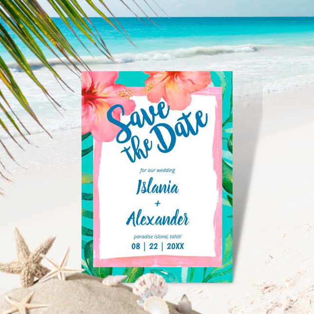 Tropical Island Hibiscus Palm Wedding Save The Date (Creator Uploaded)